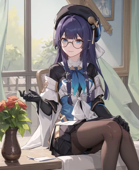 ((masterpiece, best quality)), very detailed,1girl,smile,sitting,indoors,medium breasts,bow breasts, beret, pela, honkai star rail, black_gloves, black_headwear, black_legwear, blue_eyes, dress, glasses, gloves, hat, long_hair, looking_at_viewer, pantyhose, red-framed_eyewear, semi-rimless_eyewear, solo, under-rim_eyewear <lyco:pela-15:0.7>