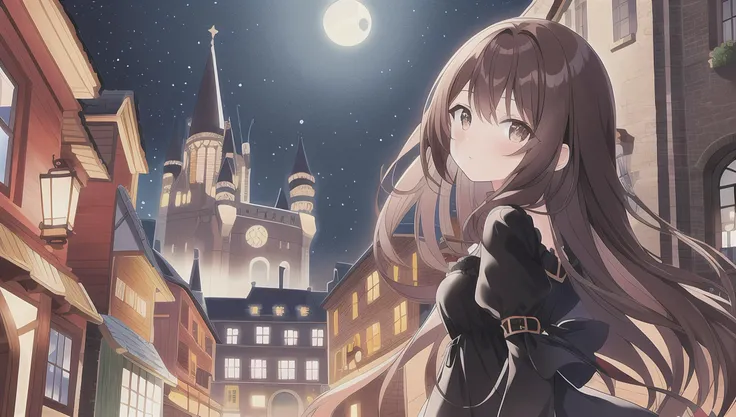 lonely girl with brown hair in a dark street, medieval houses, moon, highly detailed, high quality, masterpiece, clear lines, (brown_eyes), black dress, castle in the background