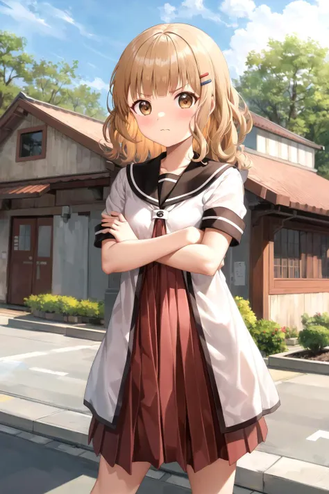 masterpiece, best quality, 1girl,  <lyco:Sakurako-000012:1.0>, ohmuro sakurako, hairclip, sailor dress, standing, looking at viewer, embrassed, outdoors, building, village, crossed arms, closed mouth, v-shaped eyebrows