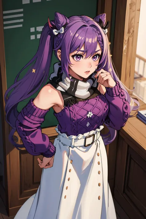 masterpiece, best quality, <lora:wrenchgikeqlr:1> gikeqlr, sweater, scarf, long skirt, twintails, purple hair, purple eyes, bodystocking, cowboy shot, from above, hand to hip, V, sweater, scarf, long skirt,