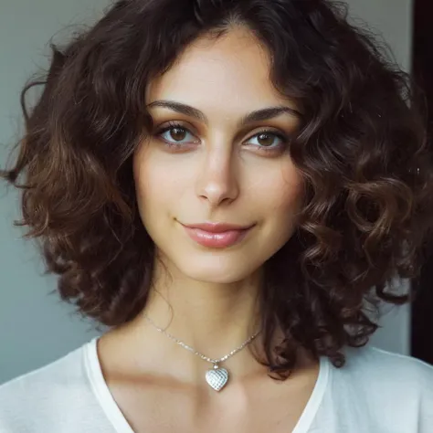 Looking straight at the camera, Film grain, skin texture, Instagram closeup selfie of a woman with beautiful wavy hair wearing a heart necklace,f/1.8,wearing a tutleneck shirt, <lora:morbaccarin_xl_1_standard_wo_cap-000033:1>