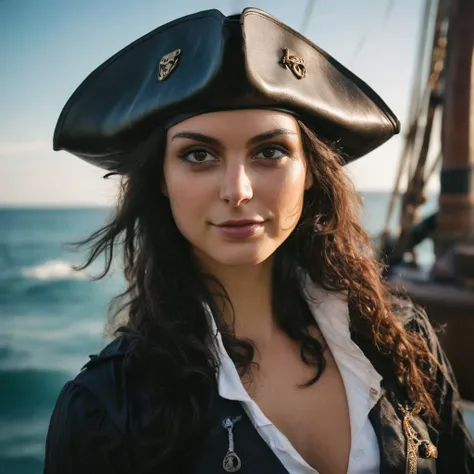 Skin Texture, Instagram iPhone Portrait photo of a woman wearing a pirate outfit on the open seas, Nikon Z9, (sharp focus), (high quality), <lora:morbaccarin_xl_1_standard_wo_cap-000033:1>