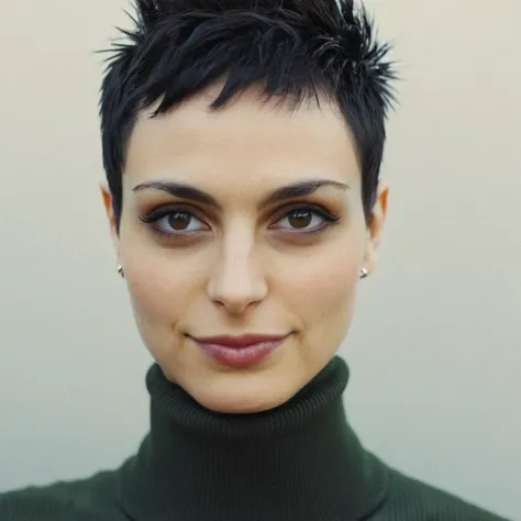 Looking straight at the camera, Film grain, skin texture, Instagram closeup selfie of a woman with short punk hair,f/1.8,wearing a tutleneck shirt, <lora:morbaccarin_xl_1_standard_wo_cap-000033:1>