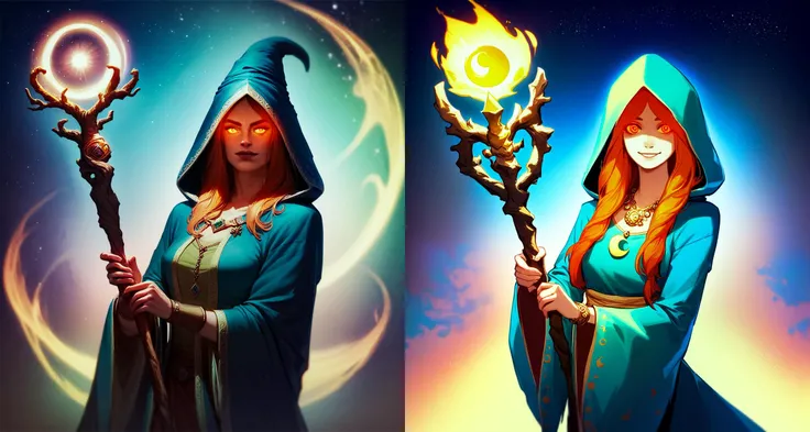diy5,Highest quality, ultra-high definition, masterpieces, 8k, realistic, anime styled, 3d render,anime, two girls in hats and capes holding a crystal ball, mages, half invoker half megumin, beautiful celestial mage, anime in fantasy style, anime fantasy illustration, anime fantasy artwork, fantasy art style, fantasy mage, sorcerer magic witch, mage duel, young wizard, wlop and sakimichan, beautiful wizard