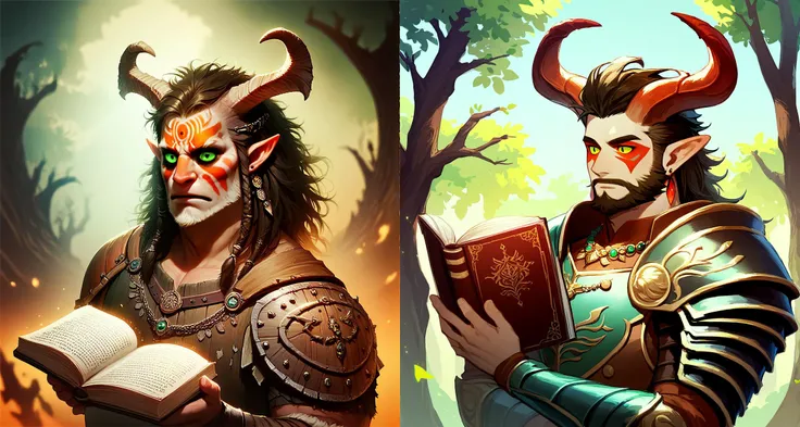 score_9, score_8_up, score_7_up, score_6_up, score_5_up, score_4_up, rating_safe, fantasy, depth of field, magical influences, realistic, mysterious color scheme, detailed and dynamic background, a (male barbarian, dungeons and dragons:1.2) in their thirties, is researching a mystery, orange and teal color scheme, spellbook, <lora:xl_more_art-full_v1:1.0> <lora:add-detail-xl:0.6> <lora:Anime Style 2 SDXL_LoRA_Pony Diffusion V6 XL:0.8> <lora:Dungeon_Party:0.6> humanoid, (jewellery:1.0), detailed eyes, facepaint,|score_9, score_8_up, score_7_up, score_6_up, score_5_up, score_4_up, rating_safe, solo, long_hair, brown_hair, black_hair, 1boy, holding, jewelry, green_eyes, upper_body, braid, male_focus, earrings, horns, pointy_ears, necklace, armor, tree, book, facial_hair, facial_mark, beard, colored_sclera, holding_book, open_book, The image portrays a man with a unique appearance, standing in a fantasy setting. He is adorned with horns, which are painted in a vibrant shade of orange, and a pair of horns that are painted in a striking red and white color scheme. His face is painted with a striking red and white face paint, and his eyes are painted in a striking green color. His hair is long and brown, and it is styled in a manner that gives him a somewhat demonic appearance. He is wearing a brown armor, which is adorned with a number of buttons and rivets. The armor is brown and appears to be made of leather. The man is holding an open book in his hands, which is a significant detail in the image. The book is open, and the man seems to be reading it. The book is placed on the man's lap, and it is positioned in such a way that it is visible from both sides. The background of the image is a dark, ominous color, which is likely to be a dark green or orange. There are also trees in the background, which are depicted as being in the distance. The trees are depicted as being dark and have a dark green color. The trees are positioned behind the man, and they seem to be part of the