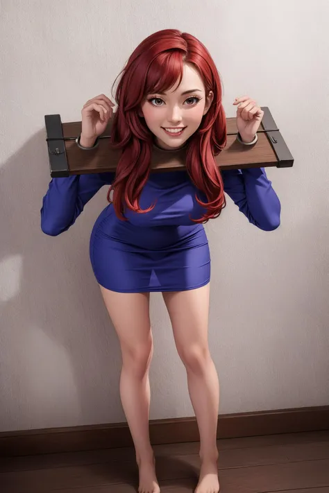 masterpiece (ultra quality, high quality), restore face, detailed face, full body character portrait, 1woman, awesome, adult, milf, long red hairs, wears , blue mini dress with long sleeves, bent over, pillory, <lora:Concept-pilloryV2:1>, barefoot, , smile emotion, In the clinic near wall
<lora:add_detail:0.25>
