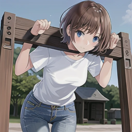 <lora:ConceptPilloryJiaju_v10:0.7>, girl, short hair, ((pillory, bound wrists)), (jeans, shirt, leaning forward), exposed, full body view, front view, thigh gap, embarrassed expression, face blush