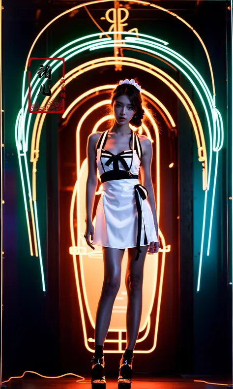 a beautiful woman in the dark with neon lights, a neon poster featuring a woman, in the style of rob hefferan,neon art nouveau, conceptual light sculptures, peter coulson, silhouette lighting, uhd image, slender, 8k 3dLight and dark contrast, high contrast, high saturation(Transparent clothes:1.5), (shiny skin:1.7)koi
{{{Victoria black maid dress}}},hair ribbon,flowers on face,{long frills dress},maid headdress,white pantyhose,Skirt pleats,blue dress bow,yellow apron dress,(full body),mary janes
<lora:~Q?-yponeon:0.8>
