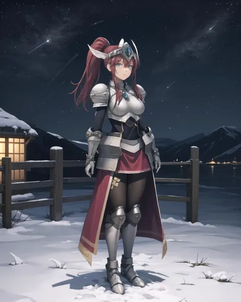 best quality, (masterpiece:1.2), illustration, absurdres,
(1girl, solo), (beautiful detailed girl),
<lora:Ines-08:1>, Ines, red hair, long hair, ponytail, blue eyes, medium breasts, strong,
armor, armored_dress, winged visor, wing ornament, bodysuit, black_bodysuit, pantyhose, armored_boots, greaves, red skirt, red waistcloak,
proud, calm, confident, looking at viewer,
winter, snowfall, snowy mountains, snow, snowy pine trees, freezing weather, frost, chill, wind, windy, winter , night, nighttime, starry sky, wooden fence, distant village, distant lights, lantern,
(full body shot),
