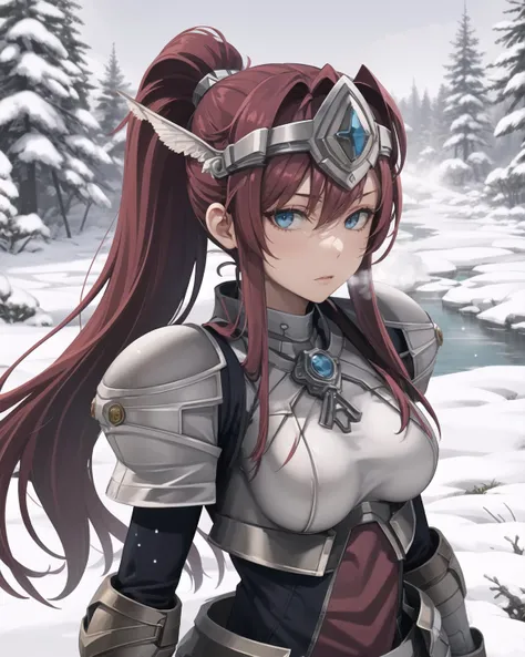 best quality, (masterpiece:1.2), illustration, absurdres,
(1girl, solo), (beautiful detailed girl),
<lora:Ines-08:1>, Ines, red hair, long hair, ponytail, blue eyes, medium breasts, strong,
armor, armored_dress, winged visor, wing ornament, bodysuit, black_bodysuit, pantyhose, armored_boots, greaves, red skirt, red waistcloak,
proud, calm, confident, looking at viewer,
in snowy village, falling snow, particles, crisp winter morning, breathing out steam, snowy pine trees and frozen river,
(upper body, portrait),