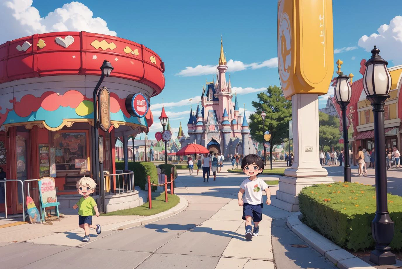 , <lora:1666570129724826980:0.6> kawaii, colorful, happy, theme park