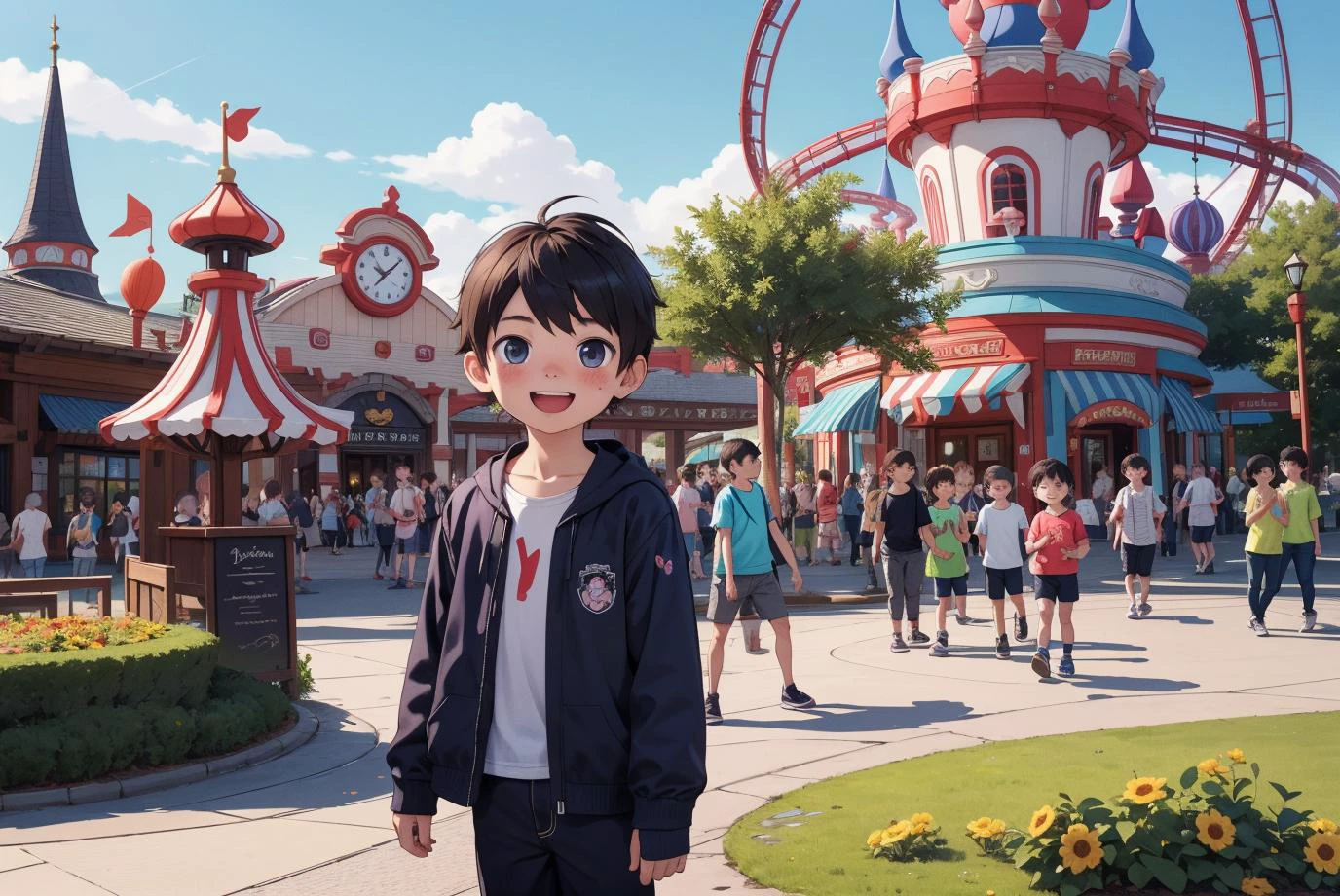 , <lora:1666570129724826980:0.6> kawaii, colorful, happy, theme park