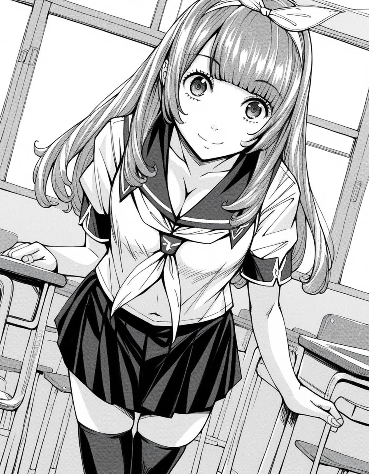 score_9, score_8_up, score_7_up, source_anime,
chitosenishina, <lora:chitose-nishina-ponyxl-lora-nochekaiser:1>,
chitose nishina, long hair, bangs, blunt bangs, monochrome, greyscale,
skirt, thighhighs, navel, cleavage, school uniform, pleated skirt, hairband, serafuku, black thighhighs, black skirt, zettai ryouiki, neckerchief, bow, hair bow, shirt,
indoors, classroom, bent over, smile,
looking at viewer, solo, dutch angle, cowboy shot,