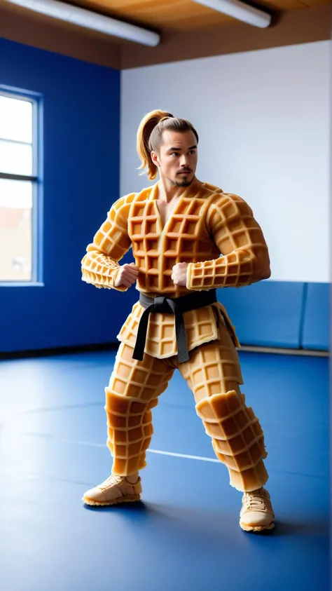 <lora:WaffleStyleXL:1>WaffleStyle a 33 y.o. man with a ponytail practicing martial arts in a gym, made out of waffles, (Masterpiece:1.3) (best quality:1.2) (high quality:1.1)