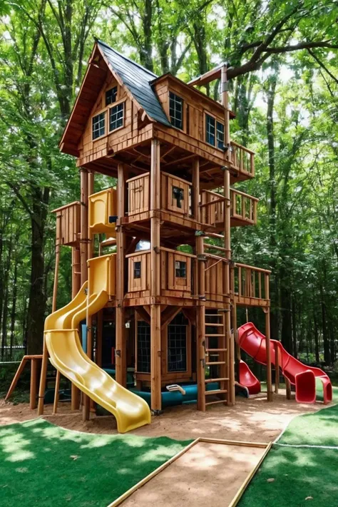 photo of arwplaygroundinterior, <lora:arwplaygroundoutdoor:1>, outdoor playground, grass, slide, tree house, track, sand box, huge, massive, super complex, gigantic, multiple stories, multiple floors, tower skyscraper, ladders, realistic, (masterpiece:1.1), (best quality:1.1), beautiful, (intricate details), unity 8k wallpaper, ultra detailed, beautiful, aesthetic, perfect lighting, <lora:add_detail:0.7>
