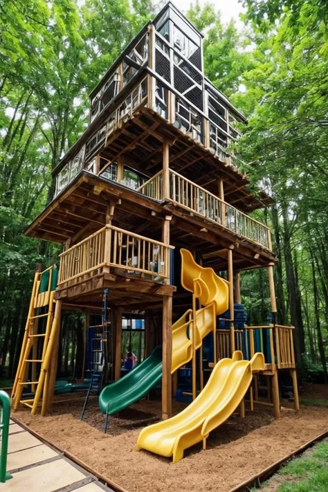 photo of arwplaygroundinterior, <lora:arwplaygroundoutdoor:1>, outdoor playground, grass, slide, tree house, track, sand box, huge, massive, super complex, gigantic, multiple stories, multiple floors, tower skyscraper, realistic, (masterpiece:1.1), (best quality:1.1), beautiful, (intricate details), unity 8k wallpaper, ultra detailed, beautiful, aesthetic, perfect lighting, <lora:add_detail:0.7>
