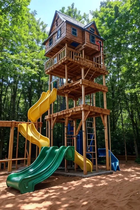 photo of arwplaygroundinterior, <lora:arwplaygroundoutdoor:1>, outdoor playground, grass, slide, tree house, track, sand box, huge, massive, super complex, gigantic, multiple stories, multiple floors, tower skyscraper, ladders, realistic, (masterpiece:1.1), (best quality:1.1), beautiful, (intricate details), unity 8k wallpaper, ultra detailed, beautiful, aesthetic, perfect lighting, <lora:add_detail:0.7>