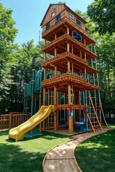 photo of arwplaygroundinterior, <lora:arwplaygroundoutdoor:1>, outdoor playground, grass, slide, tree house, track, sand box, huge, massive, super complex, gigantic, multiple stories, multiple floors, tower skyscraper, ladders, realistic, (masterpiece:1.1), (best quality:1.1), beautiful, (intricate details), unity 8k wallpaper, ultra detailed, beautiful, aesthetic, perfect lighting, <lora:add_detail:0.7>
