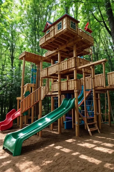 photo of arwplaygroundinterior, <lora:arwplaygroundoutdoor:1>, outdoor playground, grass, slide, tree house, track, sand box, huge, massive, super complex, gigantic, multiple stories, multiple floors, tower skyscraper, realistic, (masterpiece:1.1), (best quality:1.1), beautiful, (intricate details), unity 8k wallpaper, ultra detailed, beautiful, aesthetic, perfect lighting, <lora:add_detail:0.7>