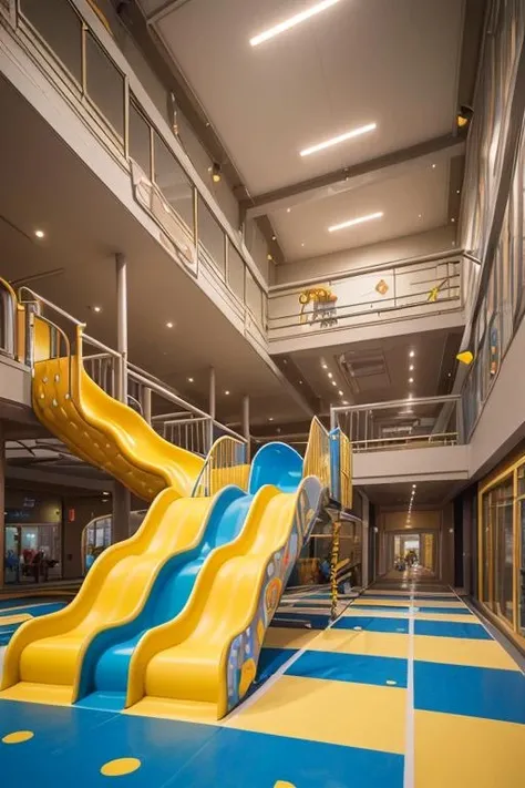 ((masterpiece)), epic, cinematic, arwplaygroundinterior playground with animal cartoon theme, children' slide, rope, glider, fox, <lora:arwplaygroundinterior:1>