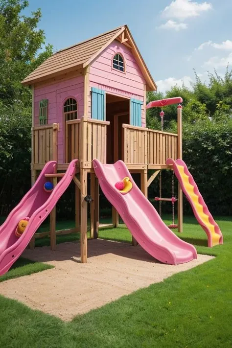 ((masterpiece)), arwplaygroundinterior outdoor playground, pink panel, pastel color paint, grass, slide, tree house, track, sand box,