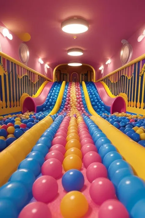 ((masterpiece)), epic, cinematic, arwplaygroundinterior playground with candyland theme, pastel color, children's ball pool, slide, tunnel, <lora:arwplaygroundinterior:1>
