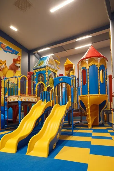 ((masterpiece)), epic, cinematic, arwplaygroundinterior playground with animal cartoon theme, children' slide, rope, glider, fox, <lora:arwplaygroundinterior:1>