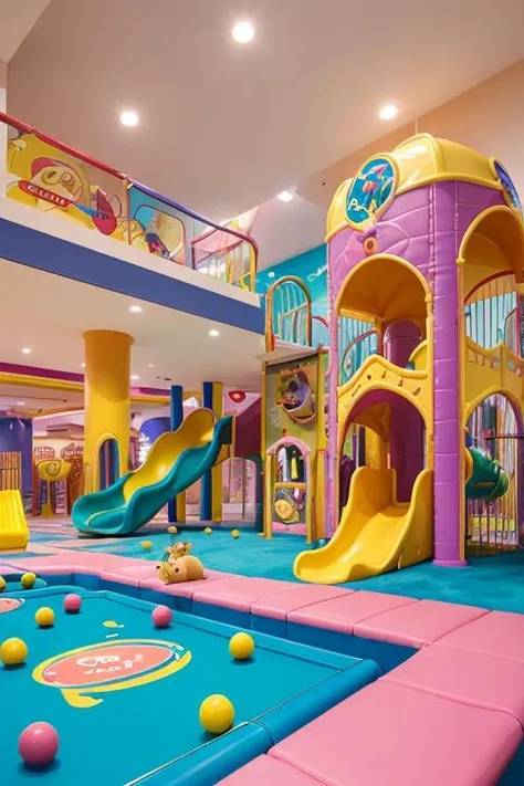 ((masterpiece)), epic, cinematic, arwplaygroundinterior playground with animal cartoon theme, pastel color, children' slide, <lora:arwplaygroundinterior:1>