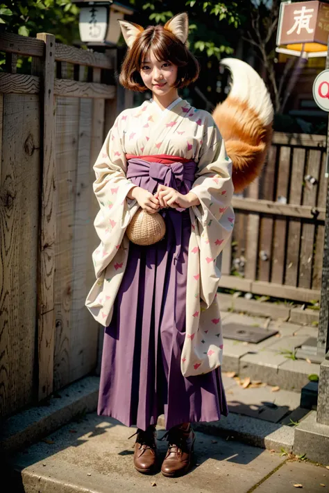(realistic:1.3), finely detailed, quality, rembrandt lighting, (masterpiece:1.2), (photorealistic:1.2), (best quality), (detailed skin:1.3), (intricate details), dramatic, ray tracing, 1girl, japanese girl, dongitsune2, 21 years old, detailed skin texture, (blush:0.5), (goosebumps:0.5), subsurface scattering, smiling, medium breasts, short hair, bangs, hair between eyes, fox ears, japanese clothes, fox tail, fox girl, full body, (bright sunny day), <lora:dongitsune2V1:0.8>