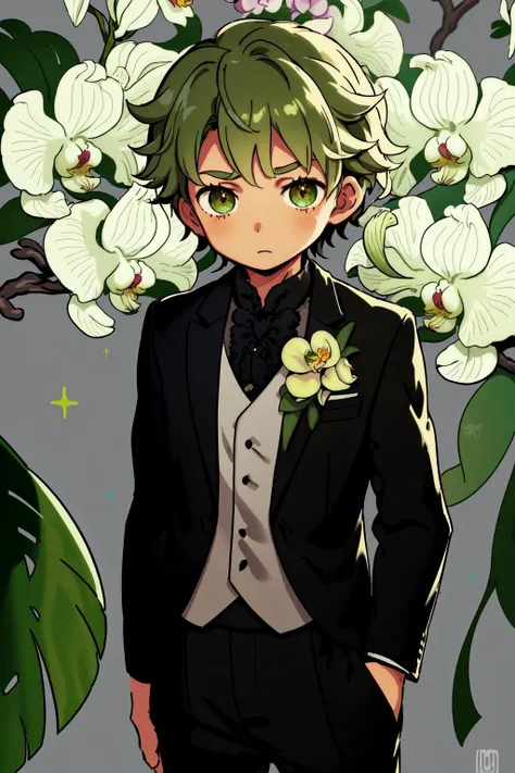 solo, 1boy, fear, dark green hair, side part, grey eyes, grey track pants, glitter particles, Cymbidium_Orchid \(flower\), floral background <lora:himukai_yuuji_style_v01:1>