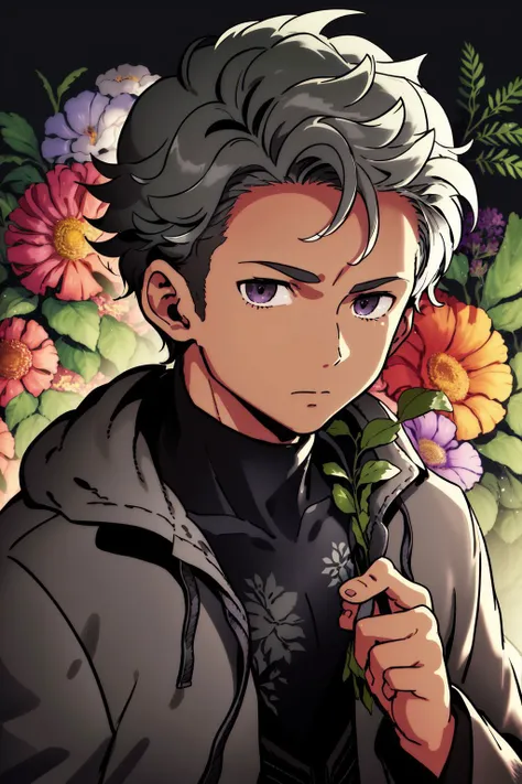 solo, mature male, cold, dark grey hair, blunt cut, dark grey eyes, light purple coat, glttering light, Eucalyptus_seeded \(flower\), floral background <lora:himukai_yuuji_style_v01:1>
