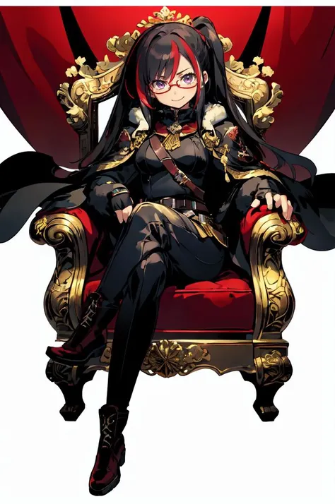 ultra detailed, masterpiece, best quality, solo, <lora:himukai_yuuji_style_v01:0.8> , throne room, sitting, crossed legs, red banner,
smug smile,
1girl, purple eyes, red-framed eyewear, (black hair, red colored tips:1.2), red streaked hair, very long hair, side ponytail, tied hair, medium breasts,
coat on shoulders, red dress, sleeves rolled up, fingerless gloves, holster, belt, multiple belts, combat boots, bulletproof vest, pants, black coat, tactical clothes,