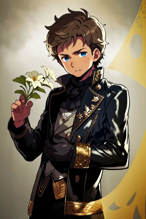 solo, 1boy, hungry, dark brown hair, clean-shaven, dark blue eyes, golden leather jacket, foggy atmosphere, Nigella \(flower\), floral background <lora:himukai_yuuji_style_v01:1>