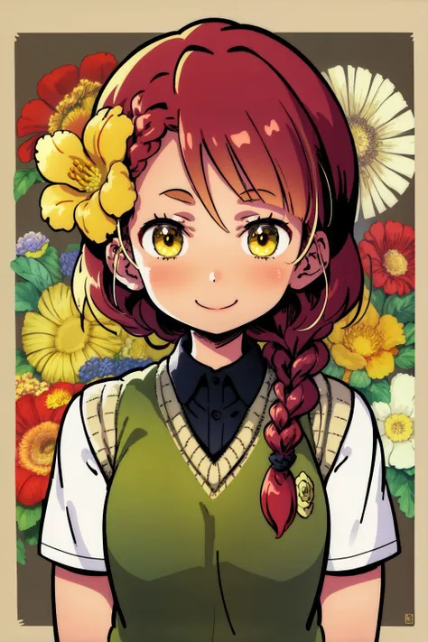 solo, mature female, happy, red hair, braid, yellow eyes, green sweater vest, night, Big_Flax \(flower\), floral background <lora:himukai_yuuji_style_v01:1>
