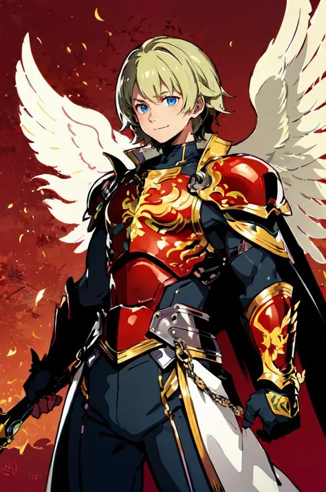 ultra detailed, masterpiece, best quality, solo, <lora:himukai_yuuji_style_v01:0.8> , smile,( red theme, phoenix:1.3),
1boy, blue eyes, medium blonde hair, parted bangs, hair intakes, male focus, muscular male,
armor, pauldrons, cuirass, gauntlets, waist cape, greaves, black bodysuit, surcoat, shoulder sash, wing shoulder armor, cape, pants,
