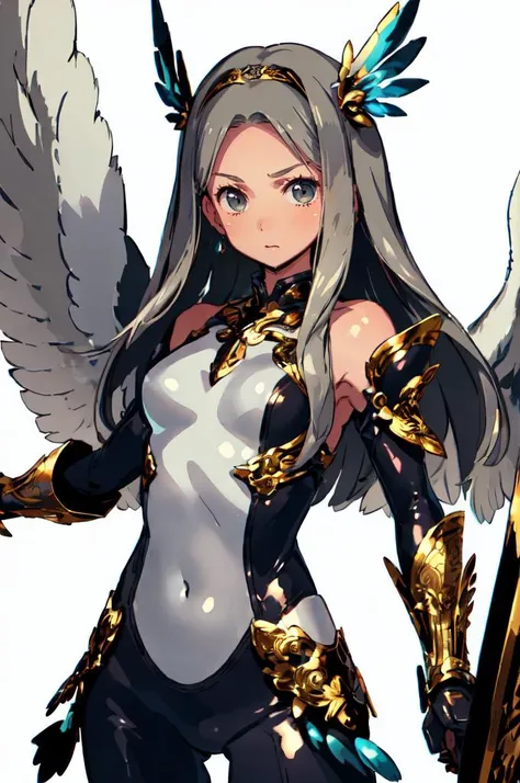 <lora:Touwa-Nikuman-Style-v1_117360:0.8>, ultra detailed, masterpiece, best quality, aesthetic, detailed,, serious, 1girl, (white eyes:1.1), (grey eyes:1.3), white hair, very long hair, parted hair, parted bangs, <lora:parted_hair_v1.3:1.3>, medium breasts,, valkyrie, (bodysuit:1.1), pink wing hair ornament, grey armored skirt, black bodysuit, armor, gauntlets, pink breastplate, greaves, armored dress, pink hues,