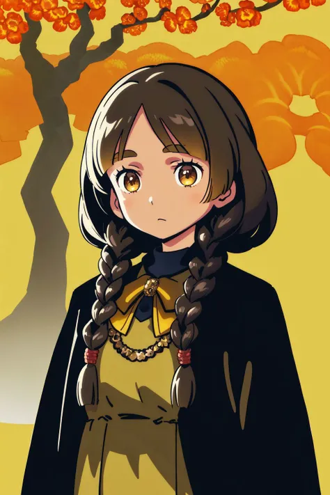 solo, mature female, confused, brown hair, low twin braids, golden eyes, black coat, bright, Tree_Fern \(flower\), floral background <lora:himukai_yuuji_style_v01:1>