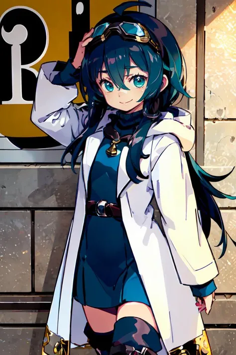 ultra detailed, masterpiece, best quality, solo, <lora:himukai_yuuji_style_v01:1> , smile,
1girl, (teal eyes:1.1), (aqua eyes:0.45), (black hair:1.2), <lora:low_ponytail-1.0:0.95> low ponytail, ahoge, low ponytail, absurdly long hair, very long hair, (hair flaps:1.2), flipped hair, hair between eyes, bangs, messy hair, small breasts,
(goggles on head:1.1), hooded coat, open coat, turtleneck, capri pants, black knee boots, multiple belts, multiple straps, white long jacket, white coat, (half-skirt:0.65), layered clothes, hair ribbon, straight-on,