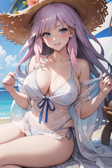 ((masterpiece)), (best quality), absurdres, <lora:HGabrielv1:0.8> , feather hair, gabswim, straw hat, see-through dress, mature woman, seductive smile, bikini, white dress, ribbons,
