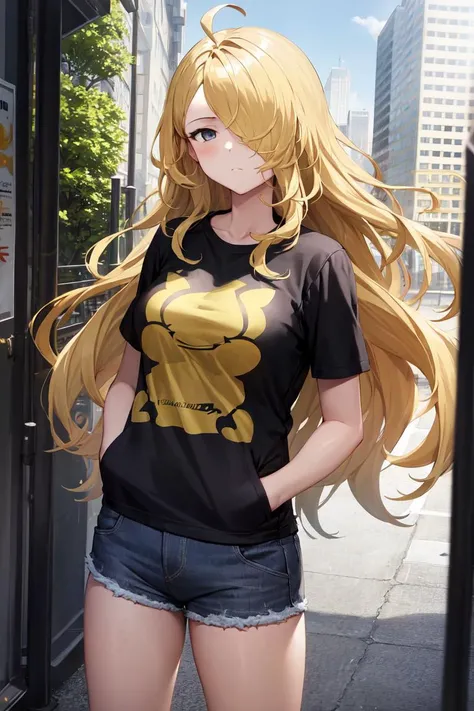 masterpiece, best quality, absurdres, perfect anatomy, 1girl, solo, PredatorGB, long hair, hair over one eye, ahoge, graphic tee, denim shorts, standing, outdoors, city, hands in pockets, <lora:Predator-06:0.8>