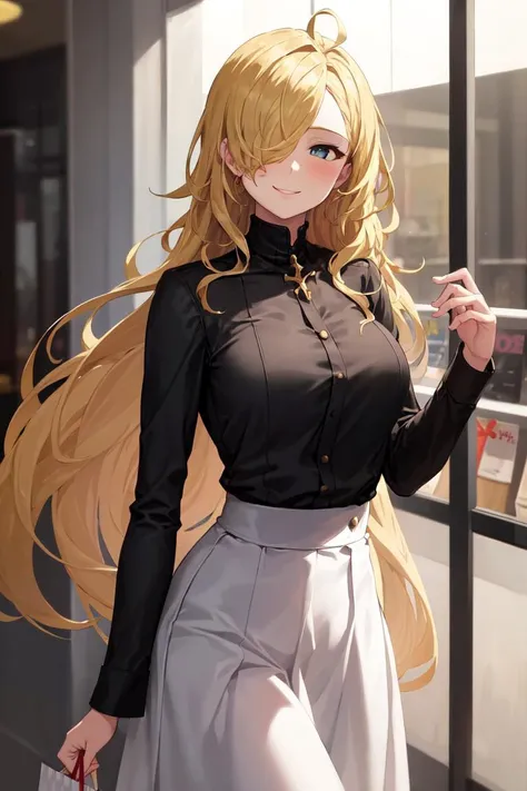 masterpiece, best quality, absurdres, perfect anatomy, 1girl, solo, PredatorGB, long hair, hair over one eye, ahoge, high-waist skirt, long skirt, white skirt, black shirt, long sleeves, smile, standing, indoors, shopping mall, <lora:Predator-06:0.8>