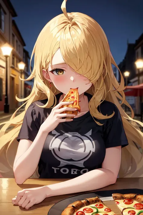 masterpiece, best quality, absurdres, perfect anatomy, 1girl, solo, PredatorGB, long hair, hair over one eye, ahoge, t-shirt, eating, table, upper body, pizza, happy, lamp, outdoors, street, lamppost, <lora:Predator-06:0.8>