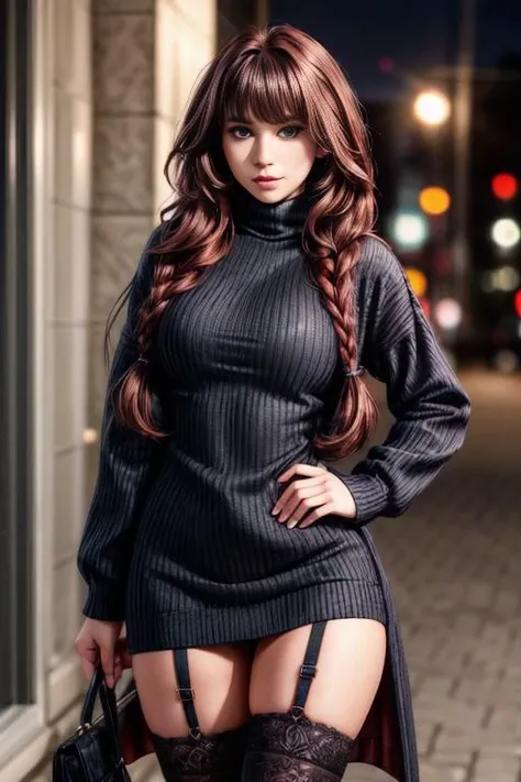 A half body photo portrait of a attractive woman 21 y.o., NSFW,
winter, Turtleneck sweater with a coat and pantsA turtleneck dress with knee-high boots and a wool coat, Starlet, Average Height, Lean, Square Face, Dark Skin, Red Hair, purple Eyes, Long Nose, Pouty Lips, Sharp Chin, Long Hair, Thick Hair, Lace Braid, asymmetrical breasts, , coral velvet lipstick,
moles, skin imperfection,
Masterpiece, hi res, 8k, award winning, RAW photo, high quality, 35mm photograph, film grain, bokeh, professional, 4k, highly detailed, <lora:more_details:0.6>