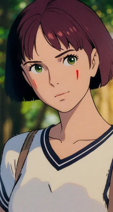 (best quality, masterpiece, colorful, dynamic angle, highest detailed, hyper realistic), upper body professional photo, fashion photography of cute dark purple bob-cut hair, dark-skinned, intense green eyes, (high resolution textures), in dynamic pose, bokeh, (intricate details, hyperdetailed:1.15), detailed, sunlight passing through hair, (high contrast, official art, extreme detailed, highest detailed,natural skin texture, hyperrealism, soft light, sharp, perfect face), ghibli,