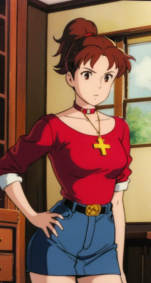 (masterpiece, best quality), 1girl, beautiful face, beautiful body, brown eyes, black dress, cross necklace, high collar dress, red jacket || black sweater, cross necklace, high collar dress, red jacket, pencil skirt, red skirt || ponytail, yellow t-shirt, tank top, denim shorts, belt, ghibli,