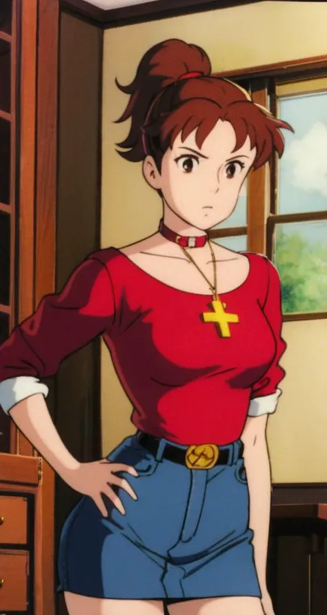 (masterpiece, best quality), 1girl, beautiful face, beautiful body, brown eyes, black dress, cross necklace, high collar dress,  red jacket || black sweater, cross necklace, high collar dress, red jacket, pencil skirt, red skirt || ponytail, yellow t-shirt, tank top, denim shorts, belt, ghibli,