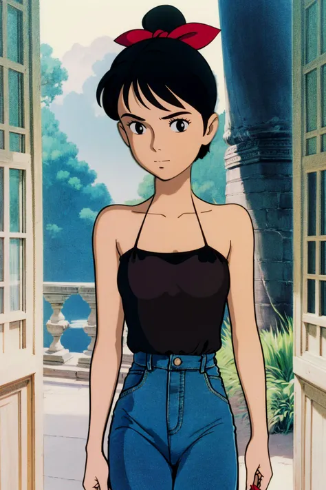 style of ghibli  masterpiece,ultra realistic,32k,extremely detailed CG unity 8k wallpaper, best quality,(summer day ),lady ,necklace ,eardrop, Angkor Wat, Cambodia, ( dark black Wear a satin slip dress with a denim jacket ) , streaked hair hair bow-shaped hair ,