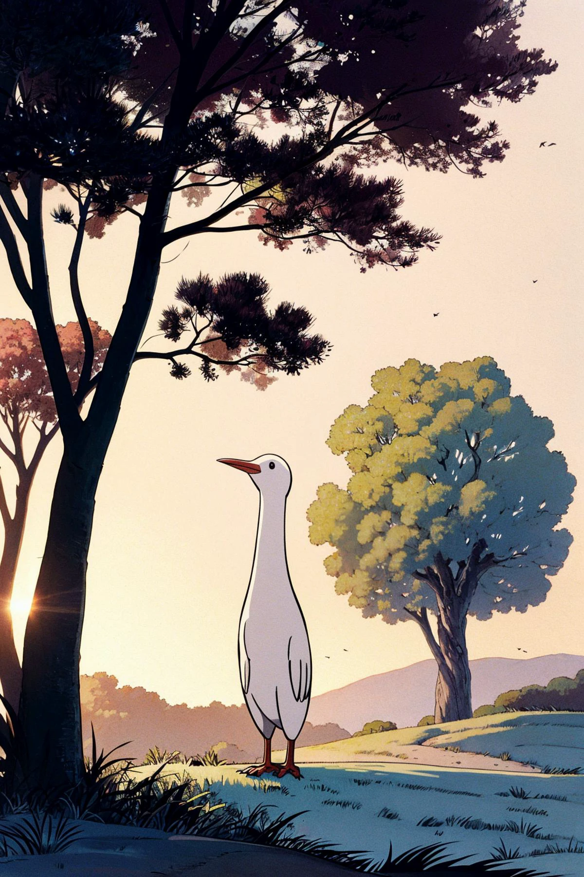 style of ghibli a white bird in front of a dinosaur standing by some trees