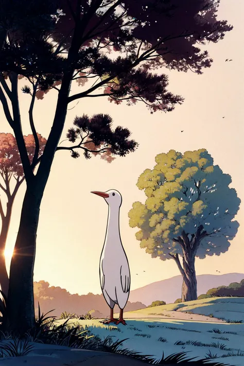 style of ghibli  a white bird in front of a dinosaur standing by some trees