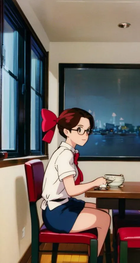 A photo of a young, nerdy woman sitting in a caf, wearing a white shirt and a bow, surrounded by a cozy atmosphere, looking at the viewer, ghibli,